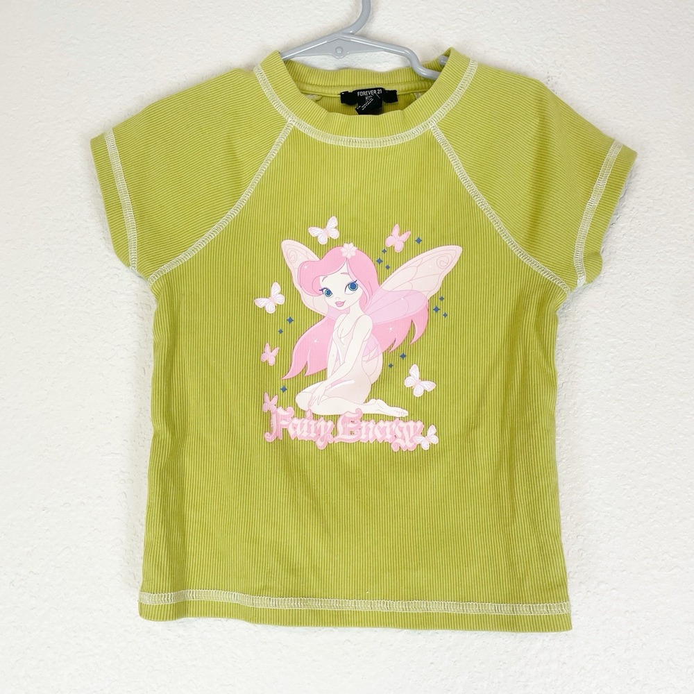 Forever 21 Kids‎ Top Girls 5/6 Fairy Energy Graphic Print Fairycore Green Ribbed